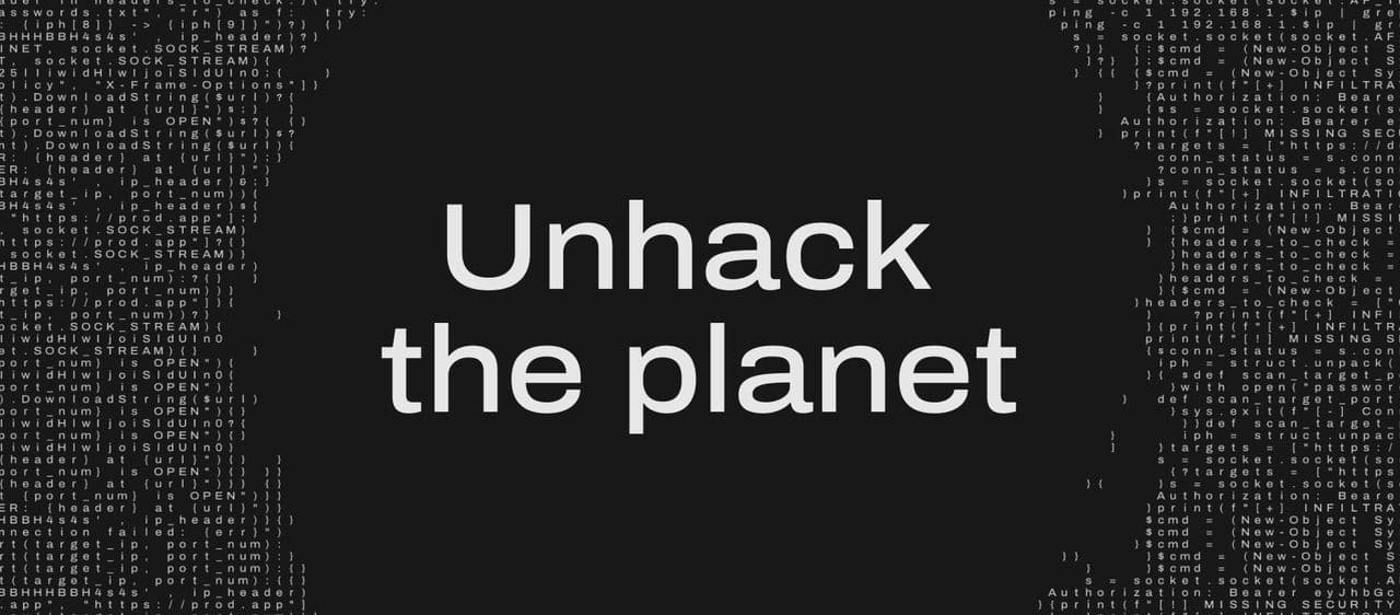 Unhack the planet text on a dark background framed by lines of code